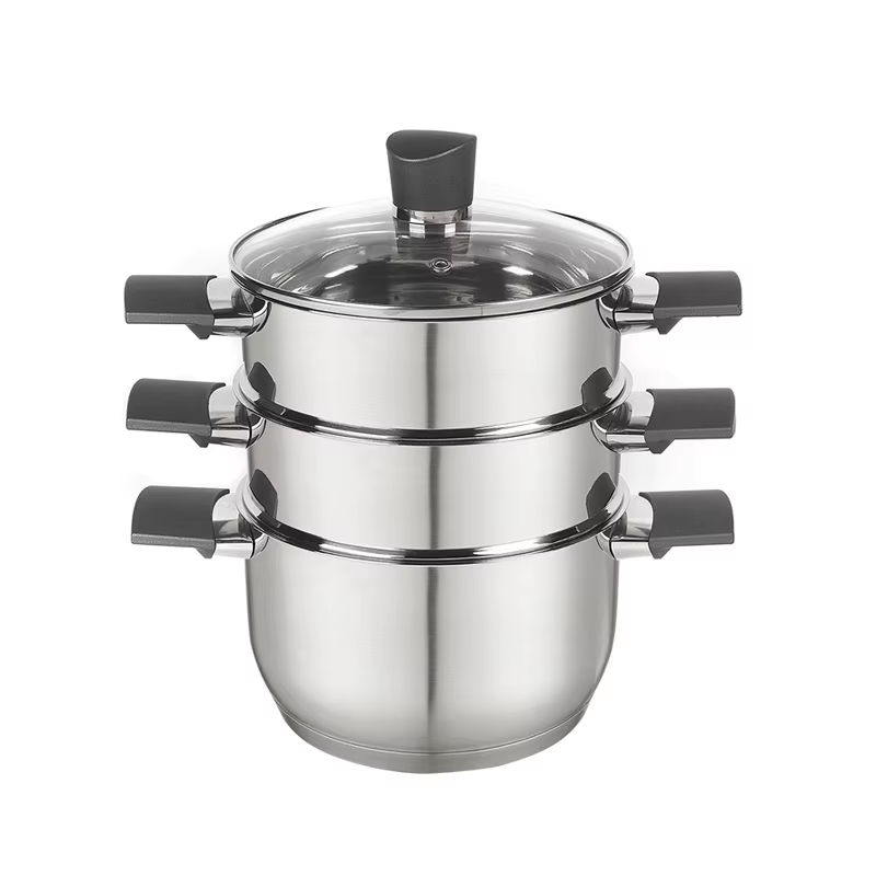 SY-Kitchenware 3 Tier Steamer with Tempered Glass Lid 18 cm Induction Suitable Stainless Steel Casserole Set 20cm