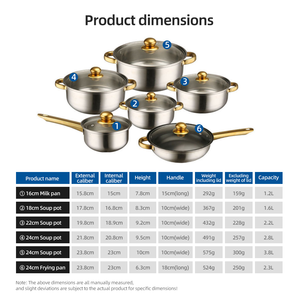 FLEY European Style 12pcs Stainless Steel Cooking Ware Set Durable Gold Handle Pots And Pans Collection For Home Kitchen