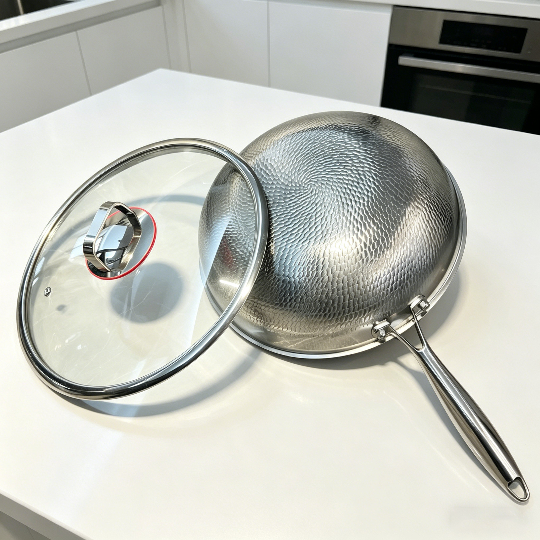 FLEY 304 Stainless Steel Hammered Wok Triple Layer Steel Non Stick Induction Cookware For Steak Frying And Stir Cooking
