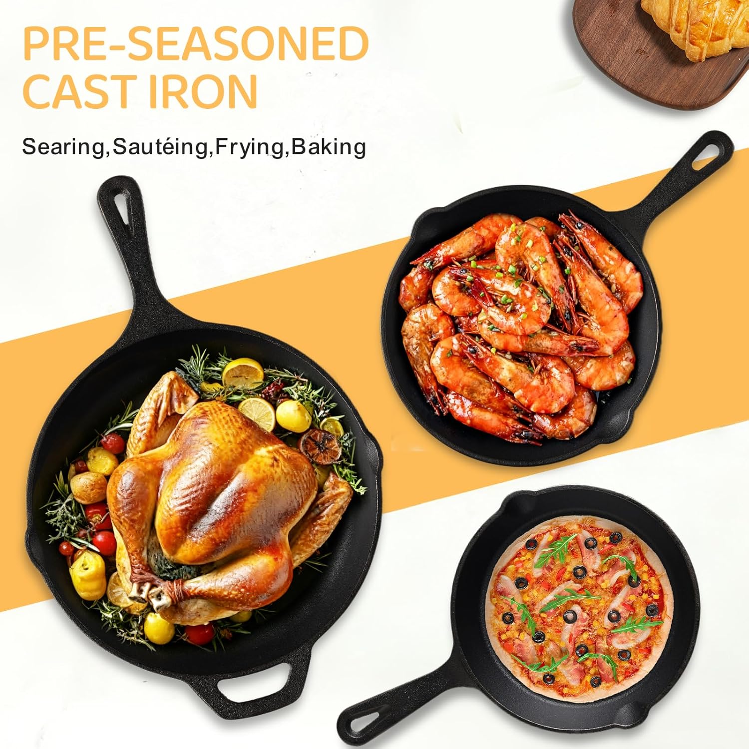 Cast Iron Skillet Heavy-Duty Professional Restaurant Chef Quality Pre-Seasoned Pan Cookware for Frying Saute Cooking