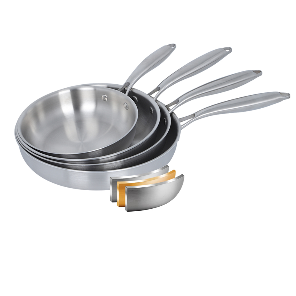 Customized logo Kitchen 3 Ply Cooking Pot Commercial Skillets Stainless Steel Frying Pan Set General Use for Gas Induction