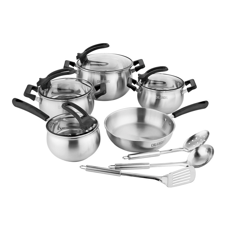 Eco Friendly Belly Shape Induction Pot Nonstick Fry Pan Kitchen Utensils 12 Pieces Stainless Steel Cookware Set