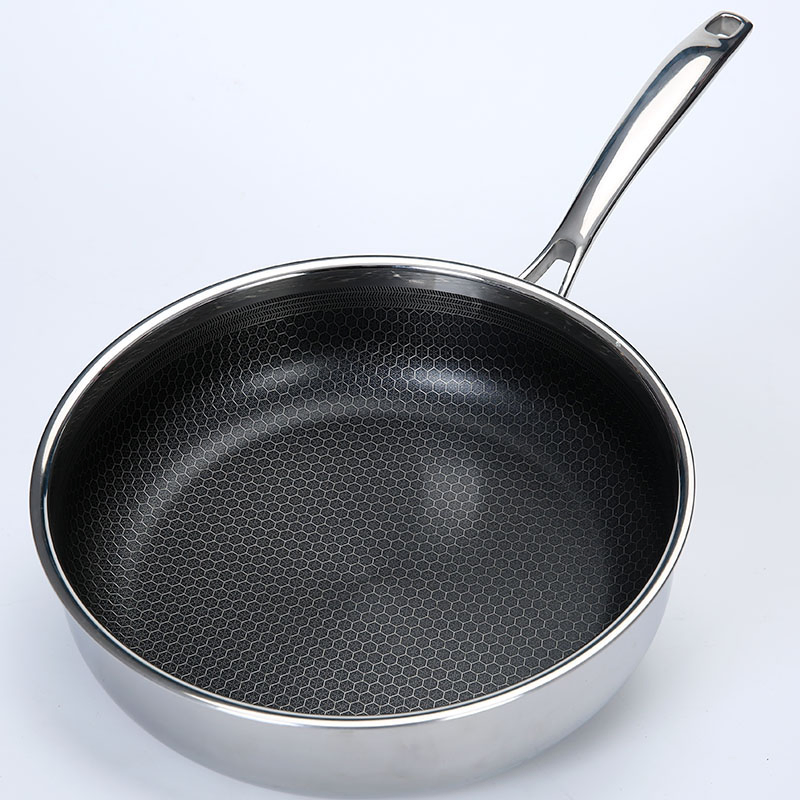 Stainless Steel 304 Triply Honeycomb Frying Wok Cooking Saute Pan with Glass Cover