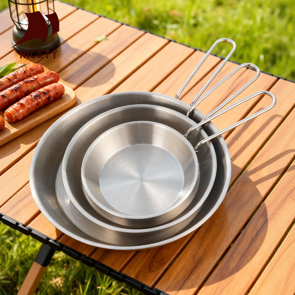 Professional Food Grade 304 Stainless Steel Camping Frying Pan with Foldable Handle Portable Outdoor Skillet