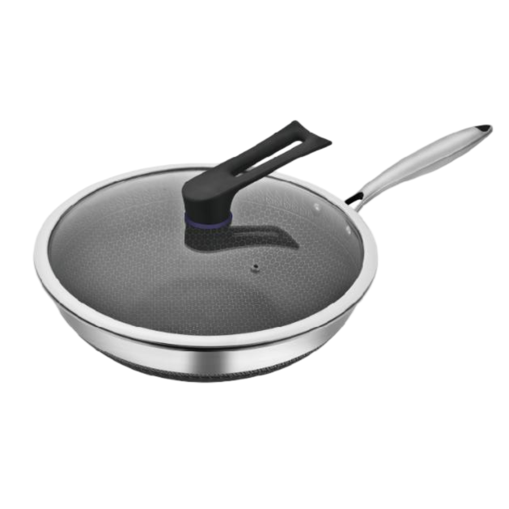 High Quality Cheap Cookware Triply Stainless Steel Honeycomb Cooking Fry Big Wok Pan with Glass Lid