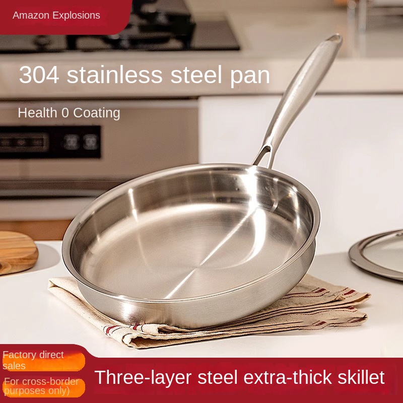 304 Stainless Steel Uncoated Thickened Three-Layer Steel Induction Gas Universal Frying Pan No Lid Hand Grip Material None Home