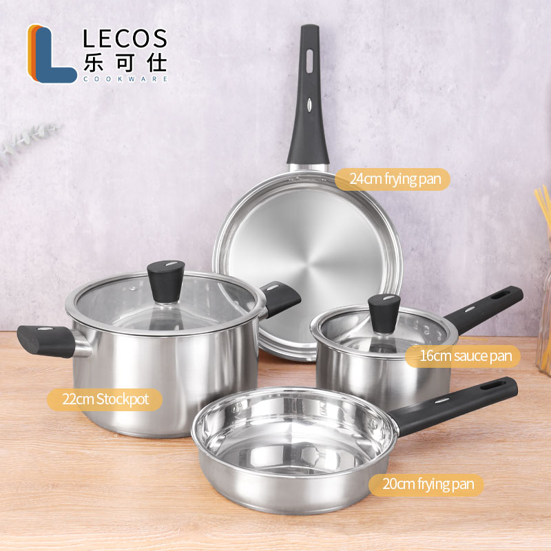 LECOS Hot Selling OEM Eco-Friendly 6 Piece Kitchen Induction Pots Pans Set Stainless Steel Cooking Pot Cookware Sets