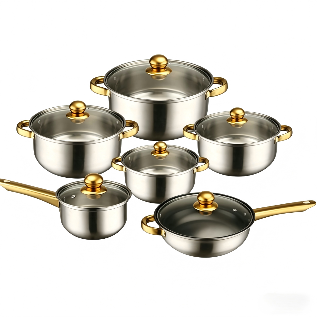 FLEY European Style 12pcs Stainless Steel Cooking Ware Set Durable Gold Handle Pots And Pans Collection For Home Kitchen