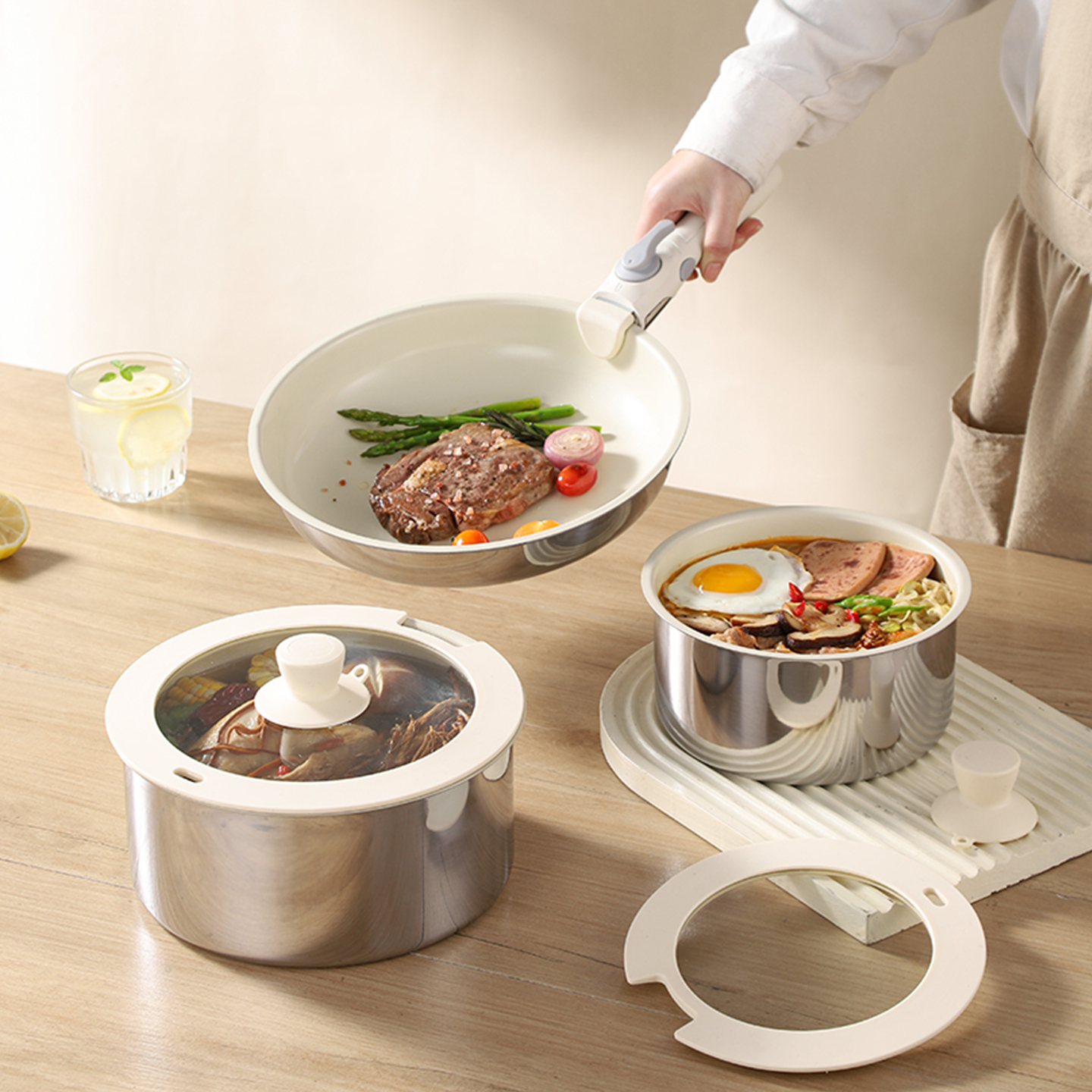 Stainless Steel 304 8-Piece Internal Ceramic Coating Detachable Handle Gas Induction Ready Cookware Set Frying Pan Saucepan