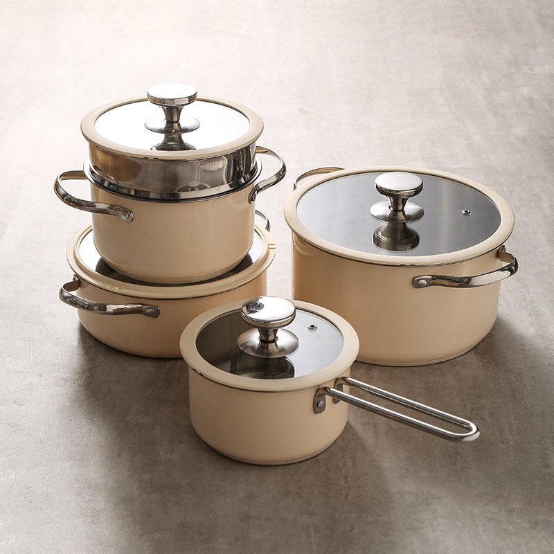 New Durable Paint Cooking Pot Pans Saucepot Saucepan Frying Pan Nonstick Stainless Steel Handle Cookware Sets