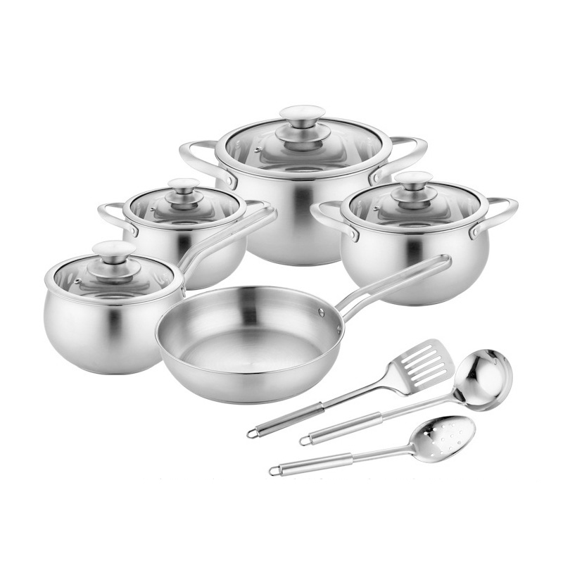 Eco Friendly Belly Shape Induction Pot Nonstick Fry Pan Kitchen Utensils 12 Pieces Stainless Steel Cookware Set