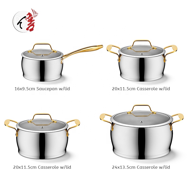 OEM Customize 8Pcs Belly Shape Induction Cookware Stainless Steel Cooking Pots and Pans Set With S/S Plated Gold Handle