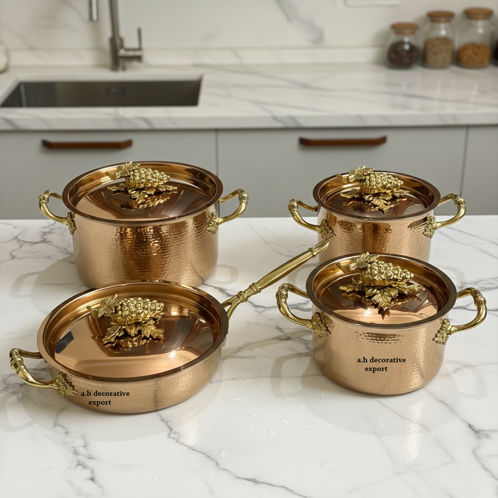 Hand-Hammered Gold Stainless Steel Eco-Friendly Pot Pan Set Heavy Duty Decorative Cookware Casserole Saucepan Ornate Europe