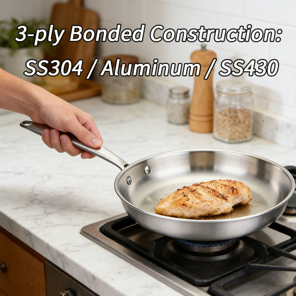 Tri-Ply Full Clad Stainless Steel Frying Pan Skillets Oven Safe Professional Cookware Induction Compatible