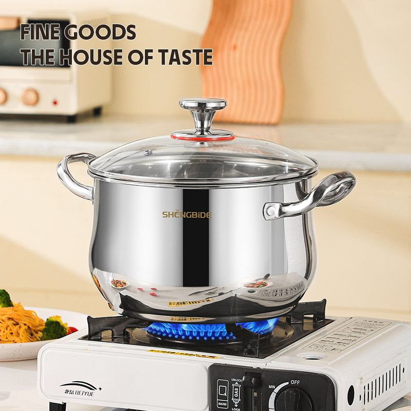 8PCS Curved Shape Stainless Steel Set Kitchen Cookware Soup Pot Casserole with Glass Lid
