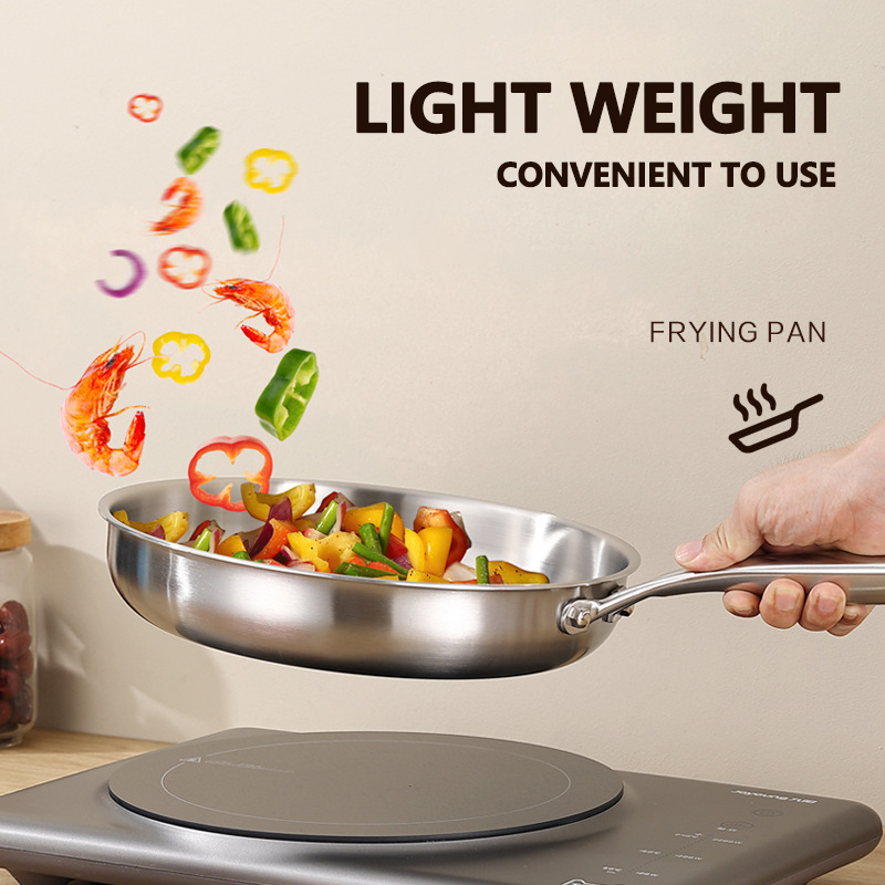 Five-layer 20-30 Cm Uncoated Thickened Food Grade Skillets Nonstick Household Fry Pans 304 Stainless Steel Non Stick Frying Pan