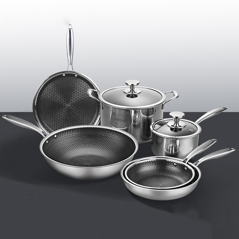 PFOA Free Induction Wok Pan Skillet Saucepan Pot Cooking Tri Ply Stainless Steel Honeycomb Non-stick Frying Pan Cookware Set