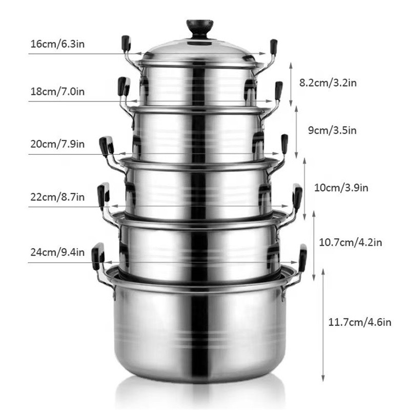 Stainless Steel 12-Piece Durable Multi-Functional Cookware Set American Style Soup Pot Steamer Pot Plastic Handle Dishwasher