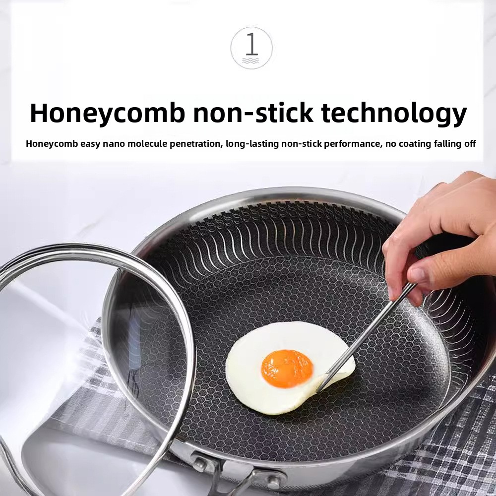 316 Stainless Steel Non-Stick Flat Pan Modern Honeycomb Wok Frying Grill Gas/Induction Compatible 28cm Black CE Certified Pot