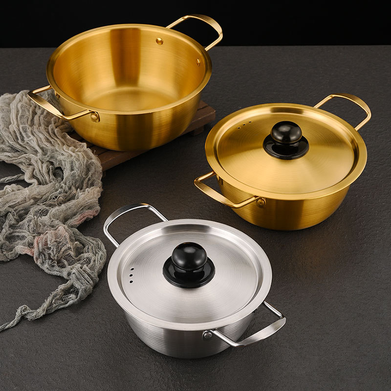Korean Stainless Steel Ramen Pot – Double-Handled Thickened Noodle Soup Pot with Lid, Small Induction-Compatible Hot Pot