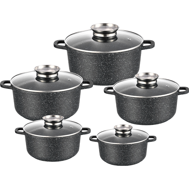 Customization Classic Die Cast Aluminum 10-Piece Black Marble Non-Stick Cookware Set Induction Ready Glass Cover 16-28cm Soup