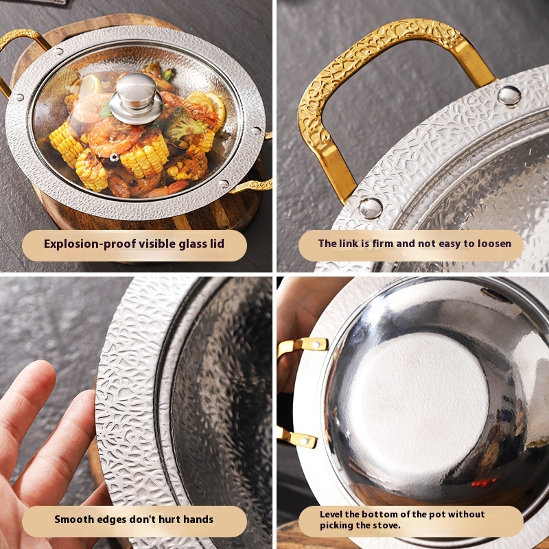 Yolecen Commercial Stainless Steel Soup Stock Pot Hammer Pattern Snowflake Wide Edge Dry Hot Pot Plate Thickened Seafood Pot