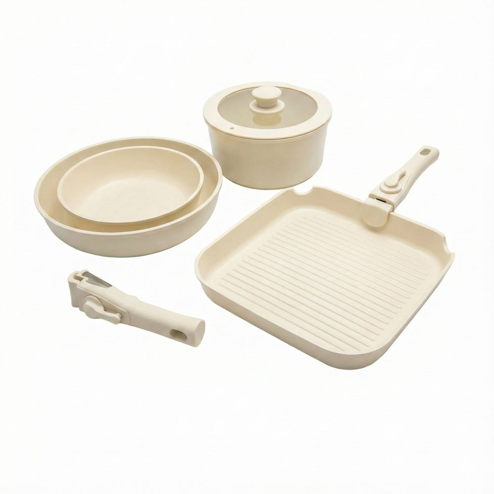 E-TOP Khaki Professional Grade Complete Home Kitchen Cookware Set Ceramic Pot and Pans Kit Nonstick Bakeware with Handles