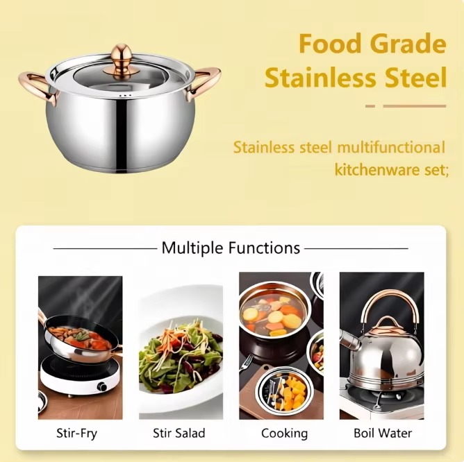 Apple Shape 6/12pcs Stainless Steel Healthy Multi-Functional Cookware Set Glass Cover Dishwasher Safe for Home Commercial Use