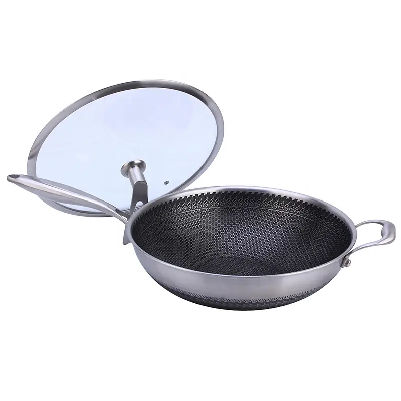 Factory Quality Modern Multi-Layer Stainless Steel 304 Restaurant Kitchen Easy Cleaning Non-Stick Deep Frying Wok Pan Glass Lid