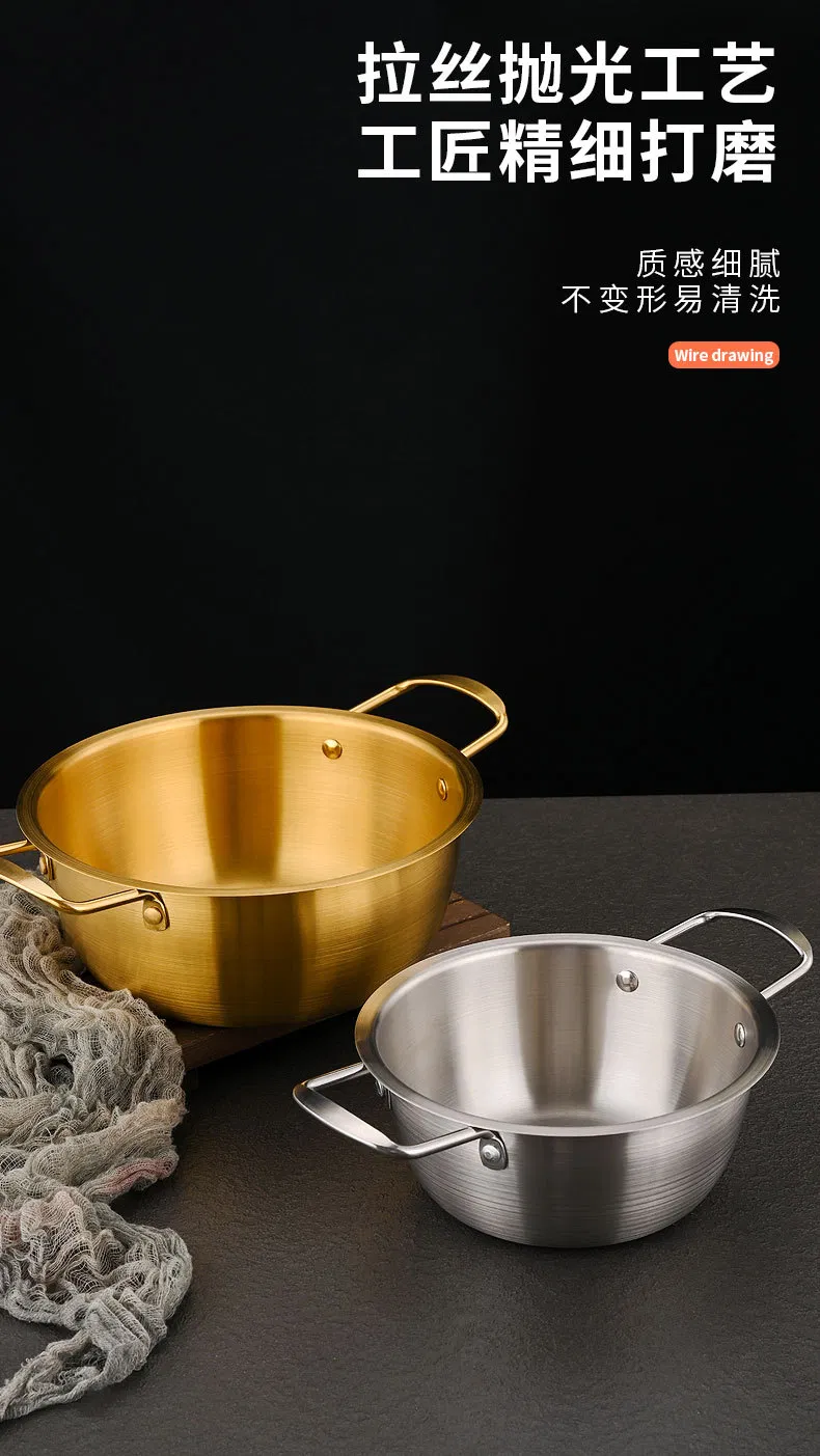 Korean Stainless Steel Ramen Pot – Double-Handled Thickened Noodle Soup Pot with Lid, Small Induction-Compatible Hot Pot