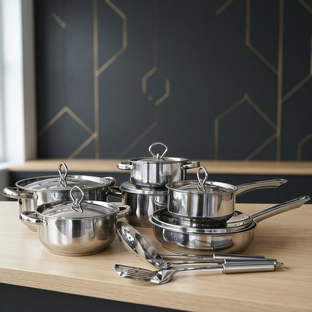 Hot Selling 15-Piece Modern Stainless Steel Cookware Set Cooking Pans Pots Capsule Bottom Healthy Eco-Friendly Home Kitchen Use