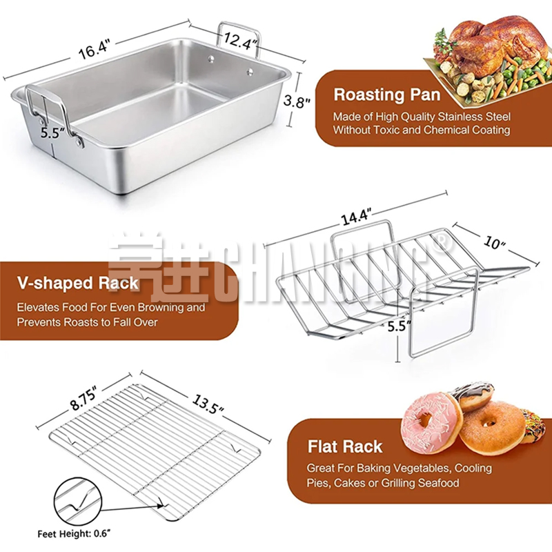 Heavy Duty Roasting Pan with Rack Stainless Steel Square Serving Tray with Ears Turkey Roaster Container