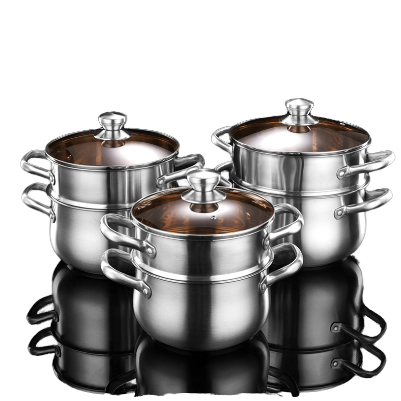 304 Stainless Steel Eco-Friendly Double Steamer with Glass Cover Uncoated Soup Pot 3L/4L Capacity