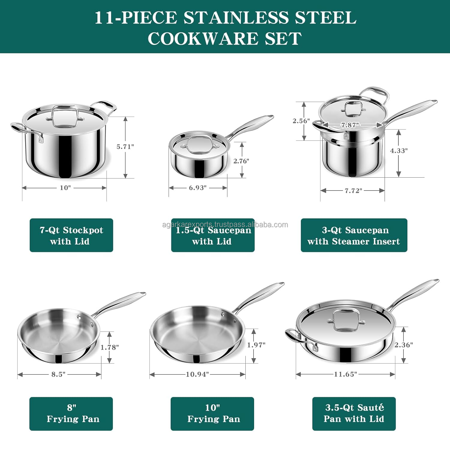 Heavy Duty Kitchen Cookware Set Stainless Steel 11 Pcs Food Grade Rust Proof Durable Export Supplier Wholesale OEM