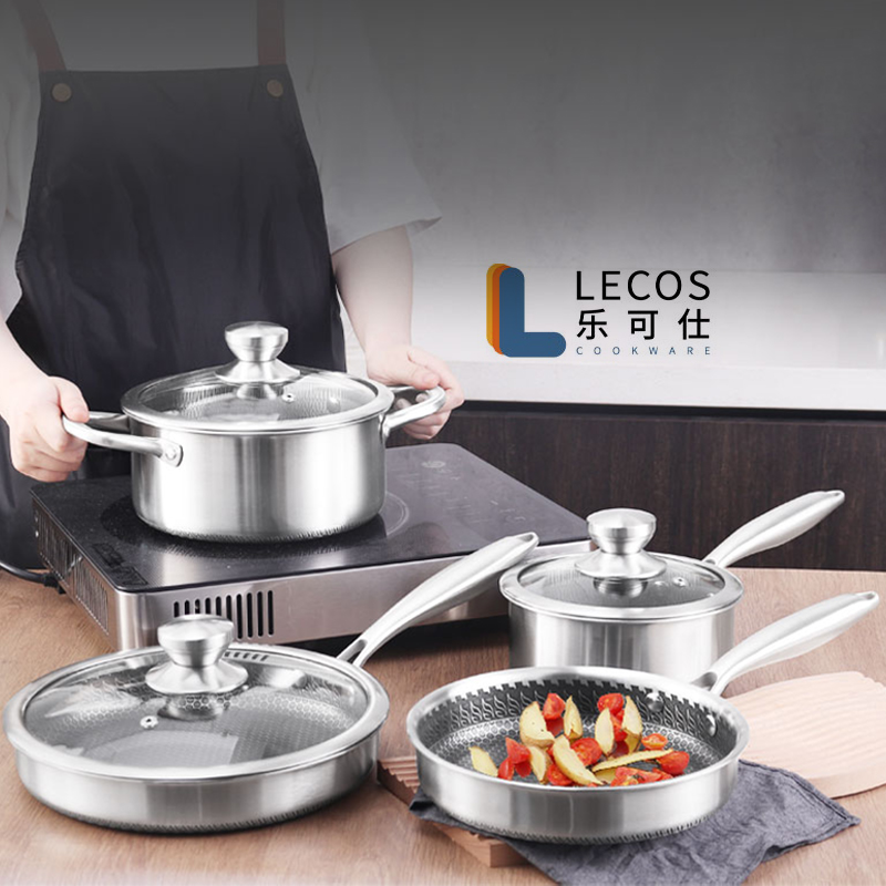 Wholesale OEM Maitre Chef Cookware Cooking Double Sided Non-stick Honeycomb Coating Tri-ply 304 Stainless Steel Pots and Pans