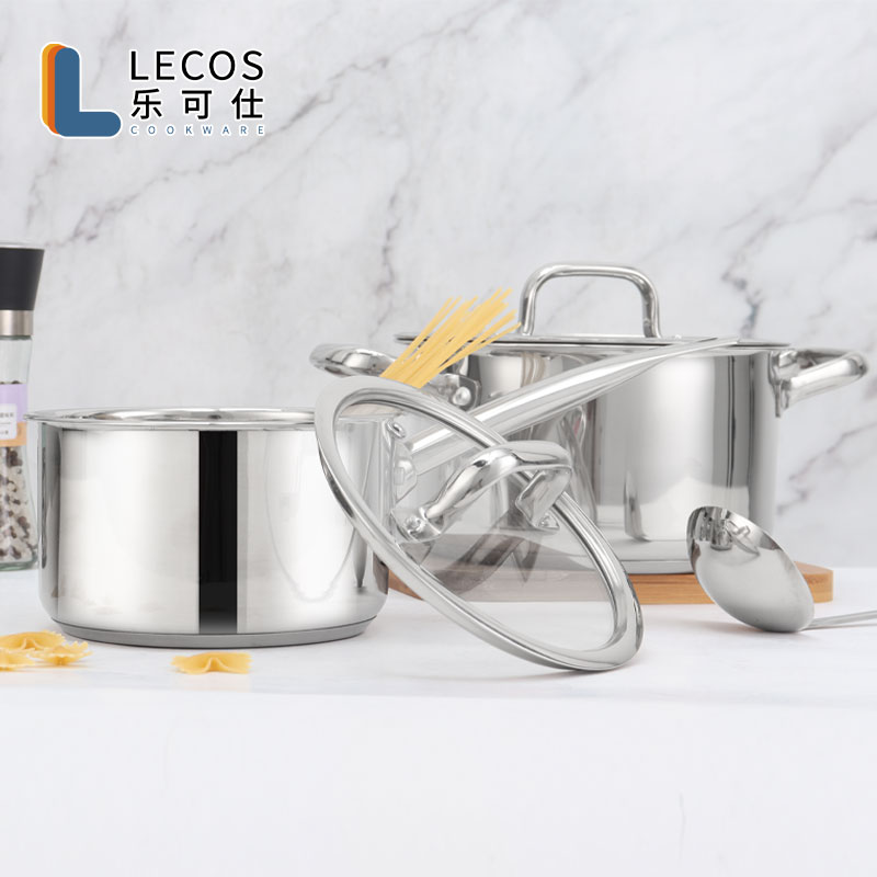 LECOS Factory Price OEM 8-Pieces Kitchen Soup Stock Pot Induction Stainless Steel Universal Cooking Set Cookware with Glass Lids