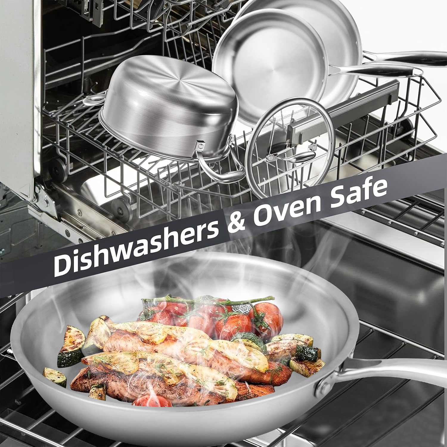 Wholesale Modern Metal Food Contact 3ply 304 Nonstick Frying Pan Eco-friendly Tri-Ply 18/10 Stainless Steel Skillet with Lid