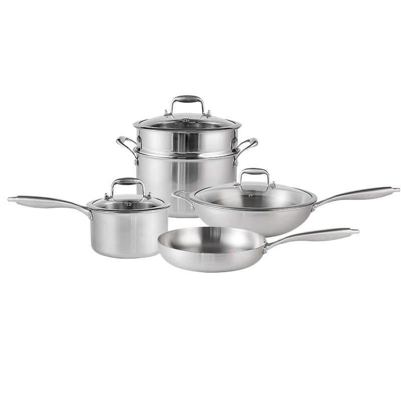 Custom Luxury Kitchen 4 Size Thicken 2.5mm 3 Ply Stainless Steel 316 Non Stick Steamer Cookware Frying Wok Pan and Pot Set