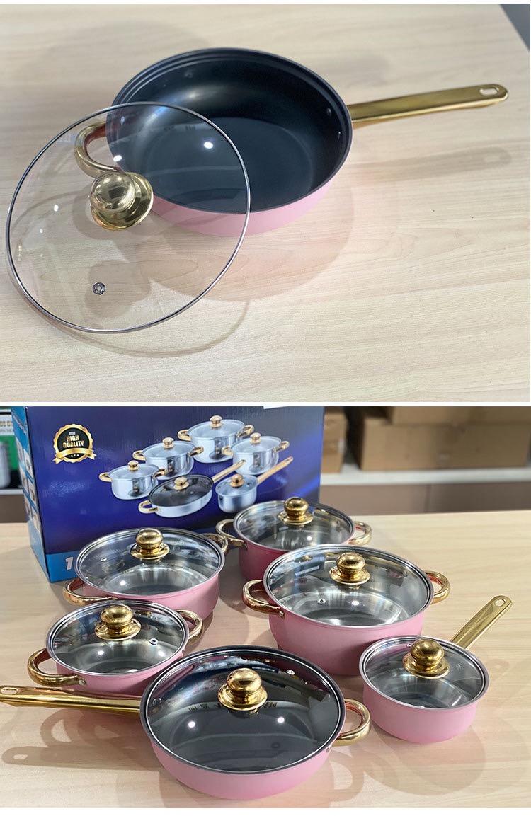 Stock 12-Piece Anti-Rust Stainless Steel Cookware Set Non-Stick Kitchenware Including Fry Pan Cooking Pot for Kitchen Use Metal