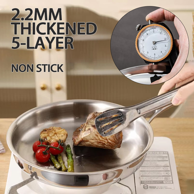 Five-layer 20-30 Cm Uncoated Thickened Food Grade Skillets Nonstick Household Fry Pans 304 Stainless Steel Non Stick Frying Pan