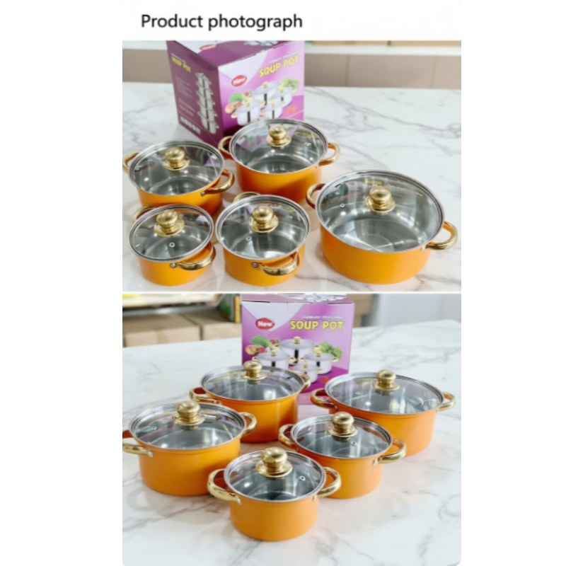 Wholesale 10pcs 16-24cm Stainless Steel Pots And Pans Gold Handle Soup Pots Cooking Pots Casserole Set Kitchen Cookware Sets