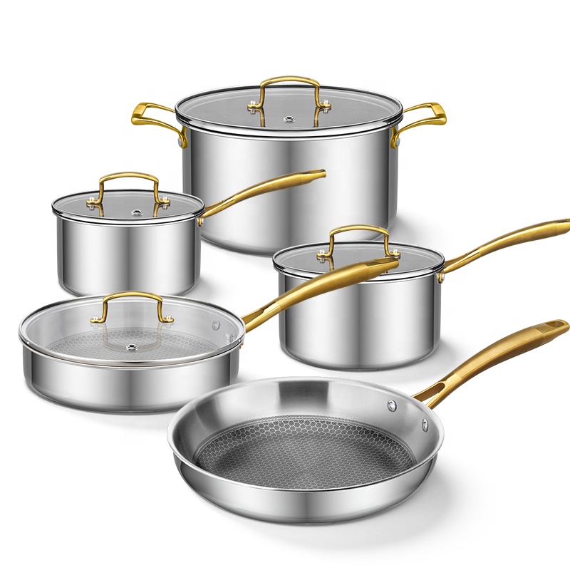 Custom Cookware 18-24cm Tri-ply Stainless Steel Gold Handle Induction Bottom Stock Pot Dutch Oven Cooking Pot Casserole