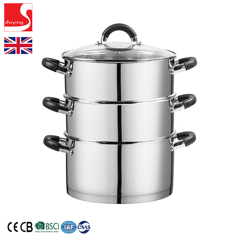 SY-Kitchenware 3 Tier Steamer with Tempered Glass Lid 18 cm Induction Suitable Stainless Steel Casserole Set 20cm