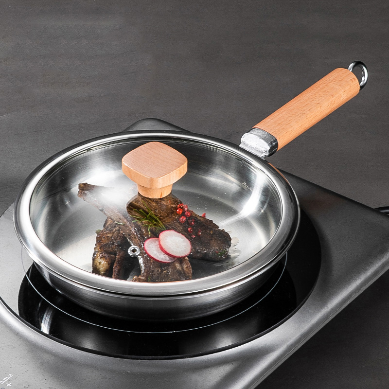 304 Stainless Steel Frying Pan Non Stick Uncoated Kitchen Wok With Lid and Wooden Handle Flat Bottom Frying Pan