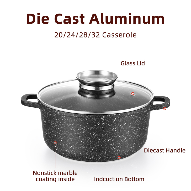 Customization Classic Die Cast Aluminum 10-Piece Black Marble Non-Stick Cookware Set Induction Ready Glass Cover 16-28cm Soup