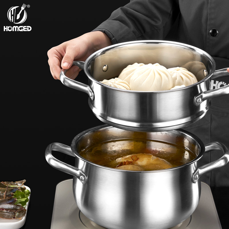 304 Stainless Steel Eco-Friendly Double Steamer with Glass Cover Uncoated Soup Pot 3L/4L Capacity