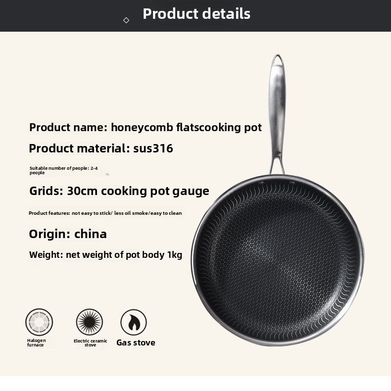 316 Stainless Steel Non-Stick Flat Pan Modern Honeycomb Wok Frying Grill Gas/Induction Compatible 28cm Black CE Certified Pot