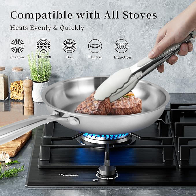 Wholesale Modern Metal Food Contact 3ply 304 Nonstick Frying Pan Eco-friendly Tri-Ply 18/10 Stainless Steel Skillet with Lid