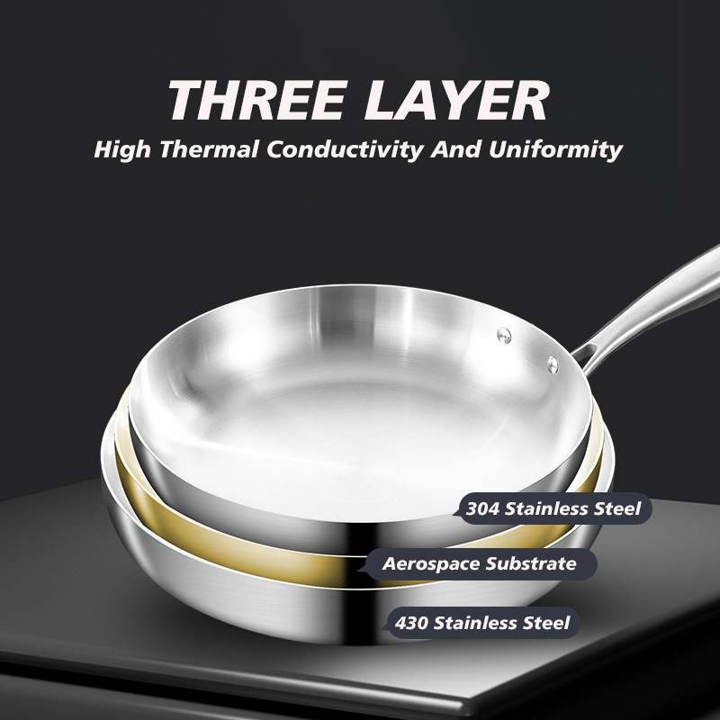 Universal Stove Three Layers Thickened Uncoated Egg Steak Non Stick Fry Pans Skillet 304 Stainless Steel Non Stick Frying Pan