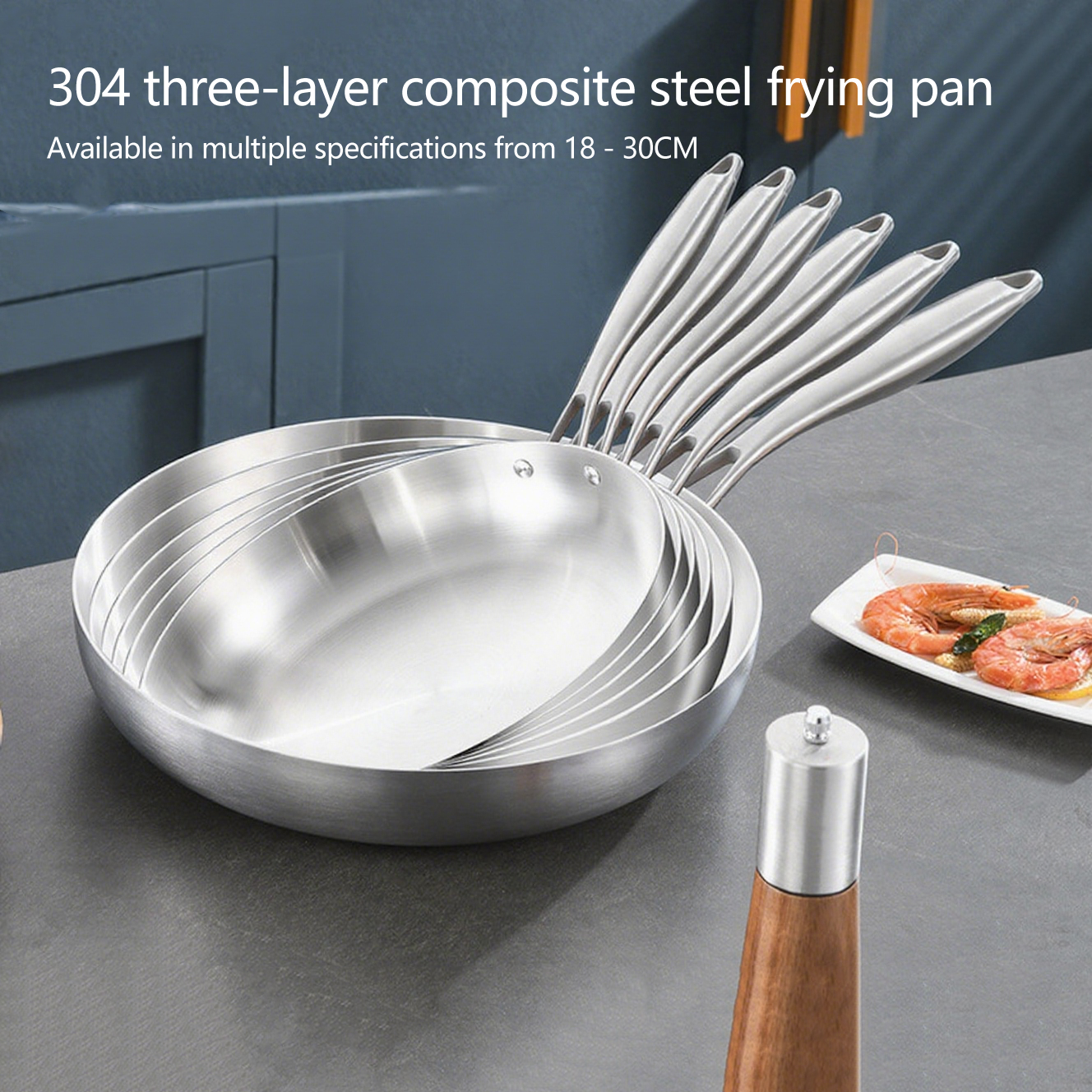 Universal Stove Three Layers Thickened Uncoated Egg Steak Non Stick Fry Pans Skillet 304 Stainless Steel Non Stick Frying Pan
